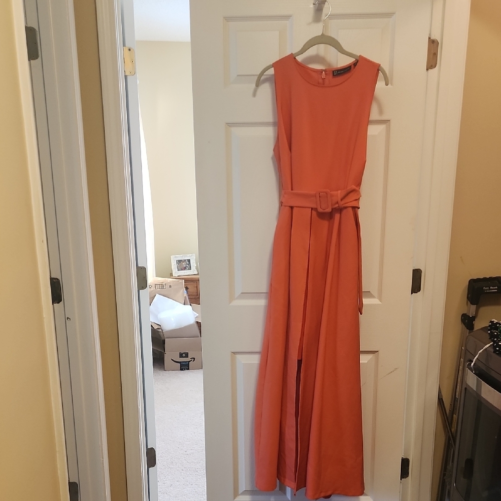 New York & Company Coral Belted Sleeveless Pants Dress